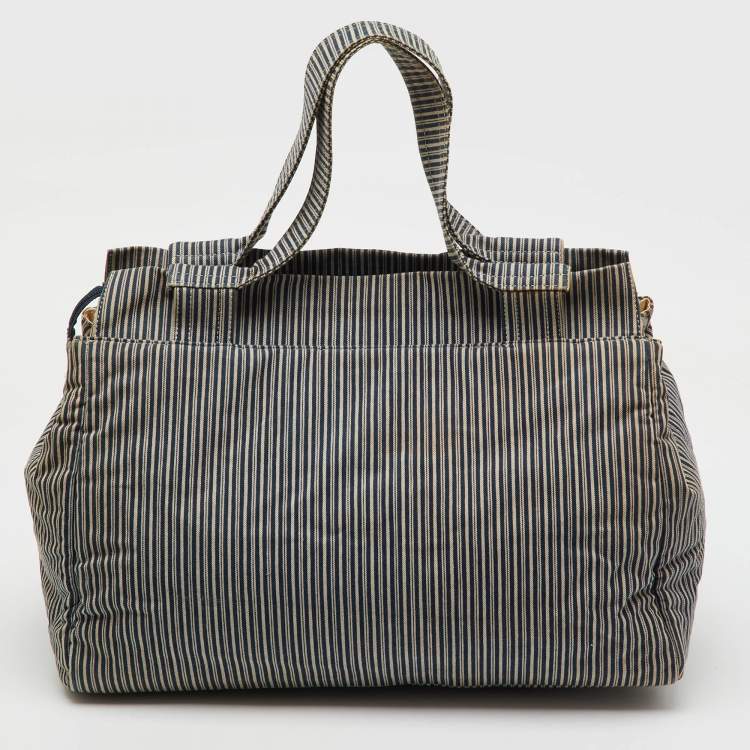 Pre Owned Chanel Navy Blue/White Stripe Print Canvas Striped CC Shopper Tote