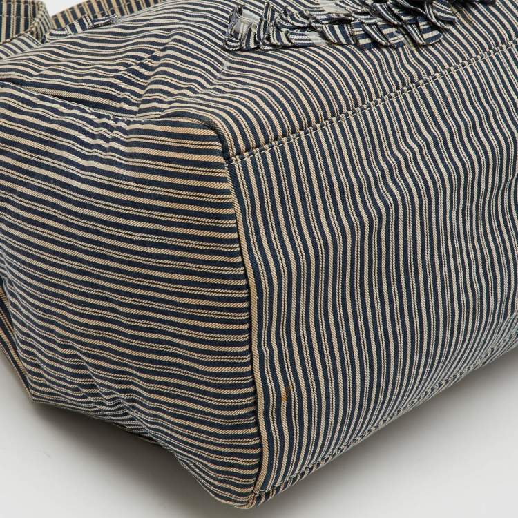 Pre Owned Chanel Navy Blue/White Stripe Print Canvas Striped CC Shopper Tote
