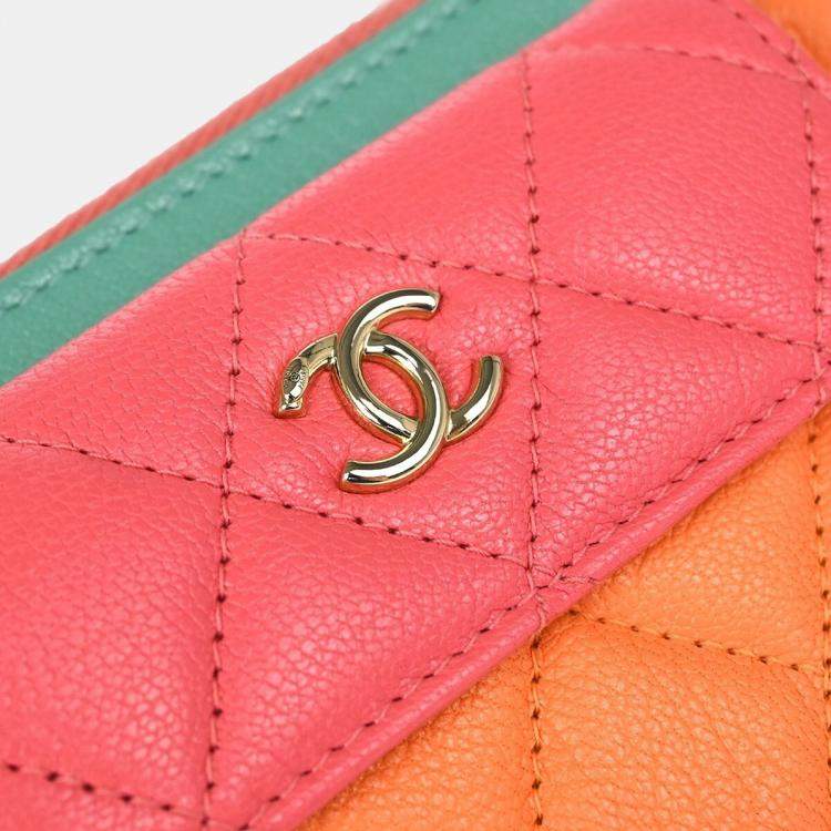 Pre Owned Chanel Long Orange/Pink Calfskin Leather Wallet