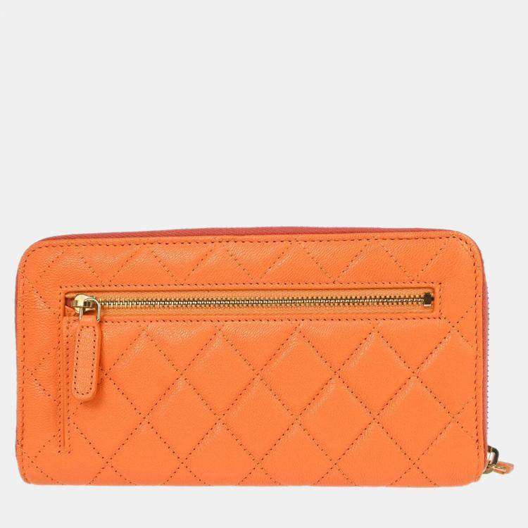 Pre Owned Chanel Long Orange/Pink Calfskin Leather Wallet