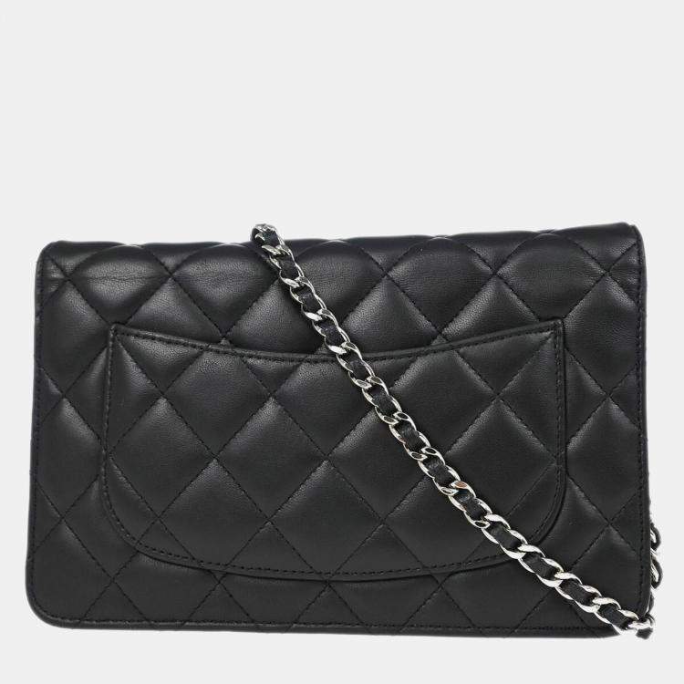 Pre Owned Chanel Classic Black Lambskin Chevron Wallet On Chain