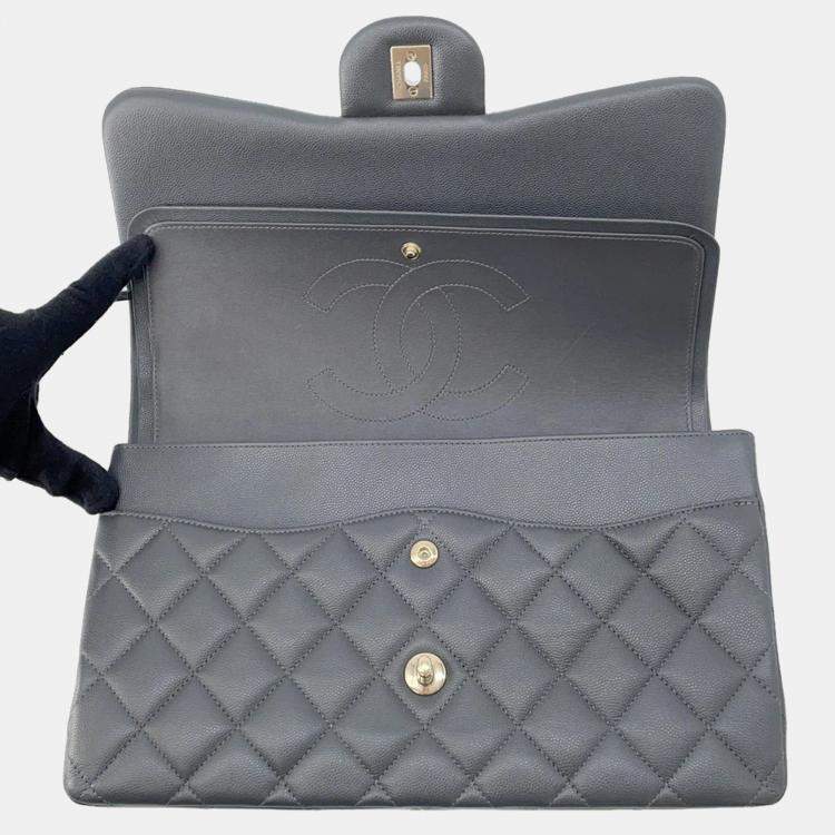 Pre Owned Chanel Jumbo Classic Double Flap Grey Caviar Leather Chain Shoulder Bag