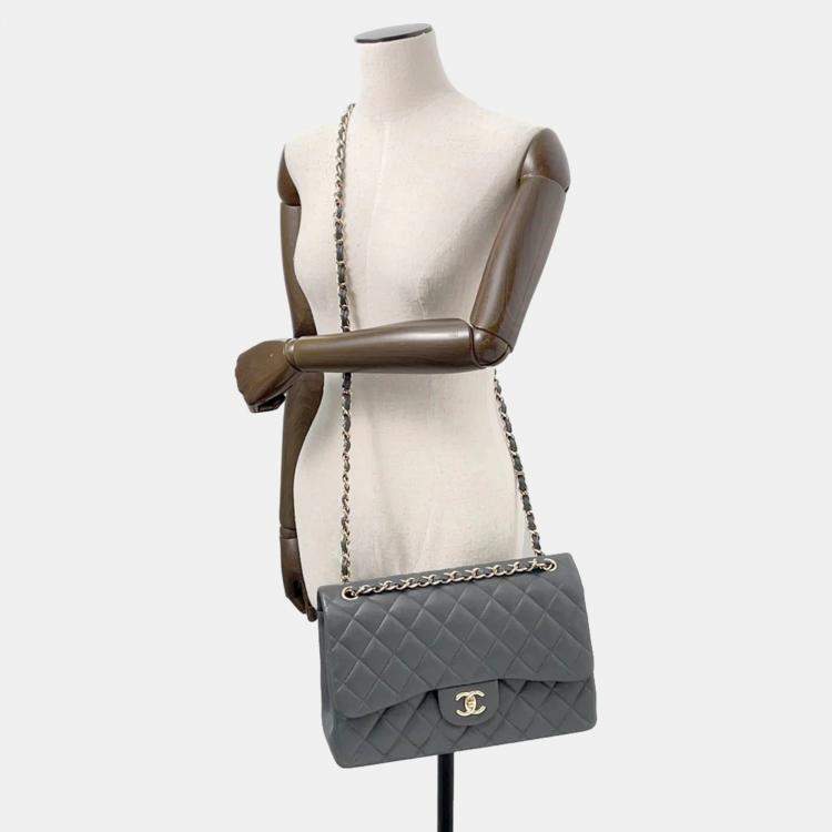 Pre Owned Chanel Jumbo Classic Double Flap Grey Caviar Leather Chain Shoulder Bag