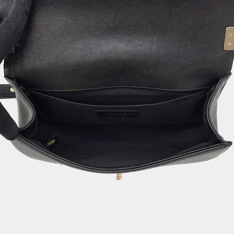 Pre Owned Chanel Boy Chain Black Soft Caviar Leather Shoulder Bag 