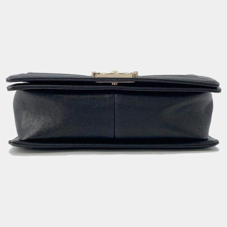 Pre Owned Chanel Boy Chain Black Soft Caviar Leather Shoulder Bag 