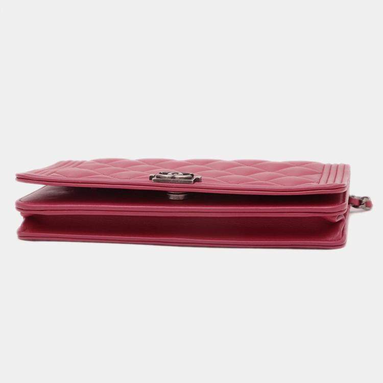 Pre Owned Chanel Boy Pink Lambskin Wallet on Chain