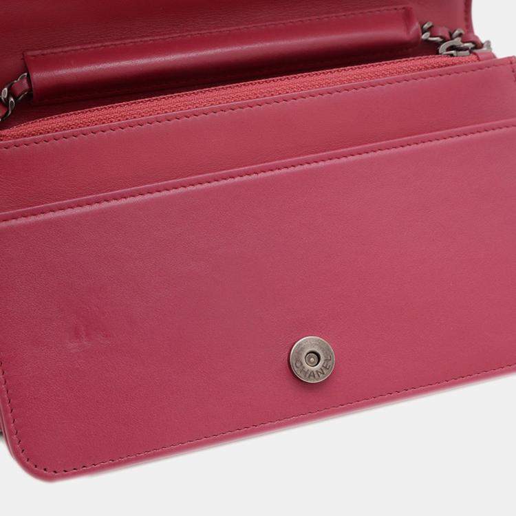 Pre Owned Chanel Boy Pink Lambskin Wallet on Chain