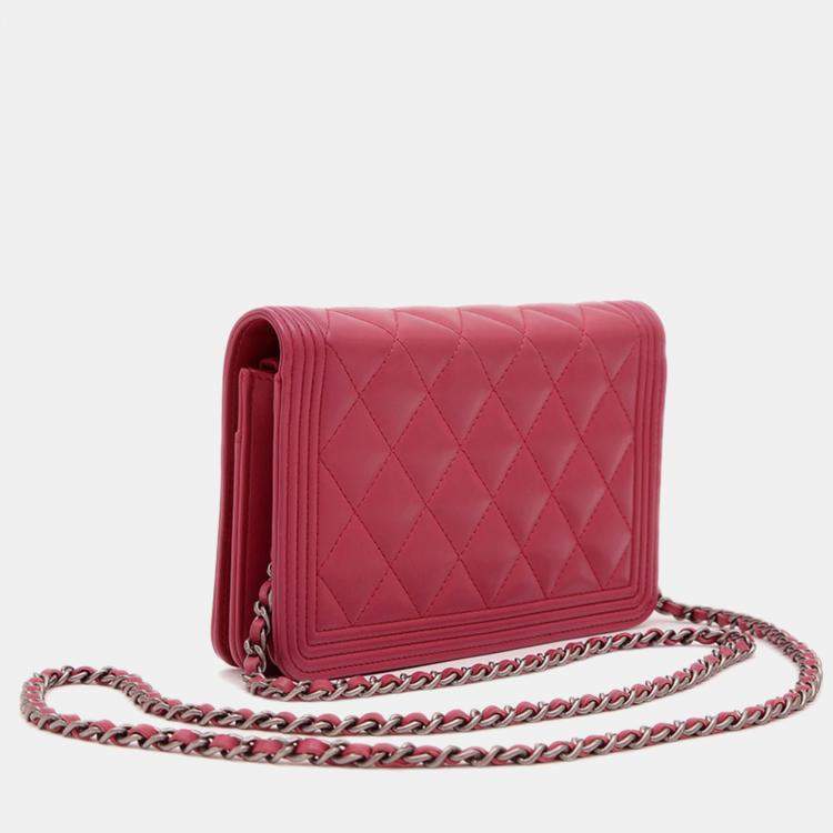 Pre Owned Chanel Boy Pink Lambskin Wallet on Chain