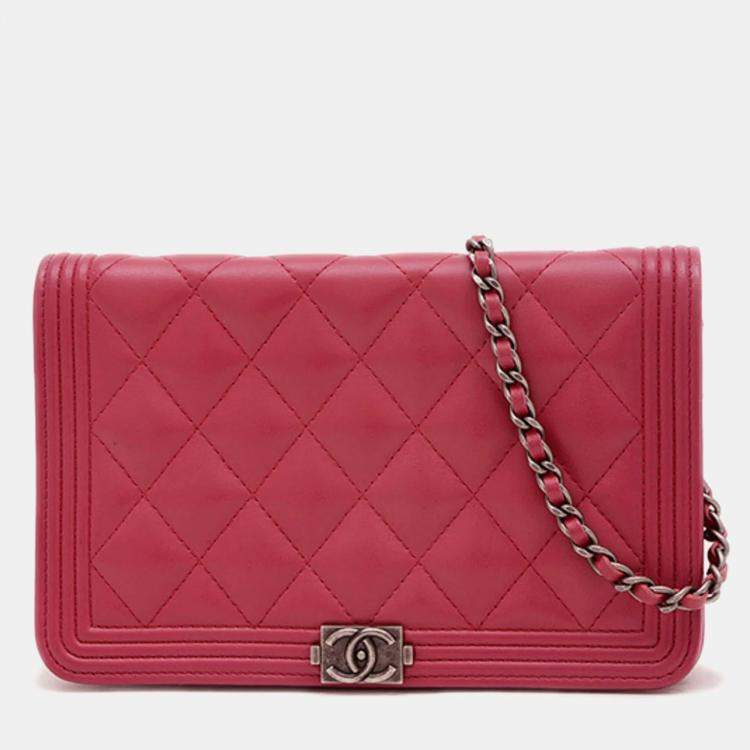 Pre Owned Chanel Boy Pink Lambskin Wallet on Chain
