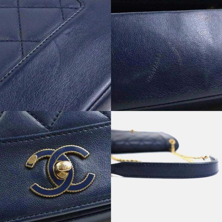 Pre Owned Chanel Shoulder Bag Leather Metal Navy Gold