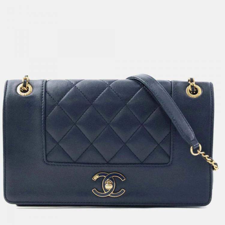 Pre Owned Chanel Shoulder Bag Leather Metal Navy Gold