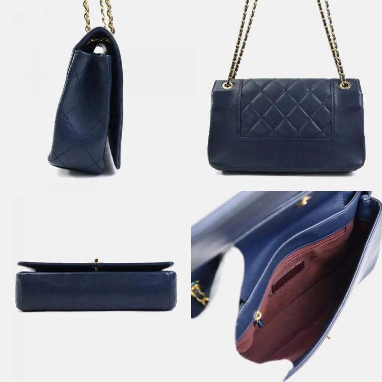 Pre Owned Chanel Shoulder Bag Leather Metal Navy Gold