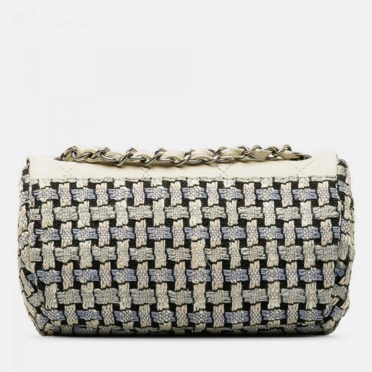 Pre Owned Chanel Single Flap Blue Tweed Calfskin Woven Shoulder Bag