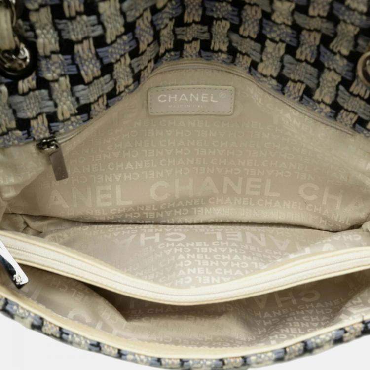 Pre Owned Chanel Single Flap Blue Tweed Calfskin Woven Shoulder Bag