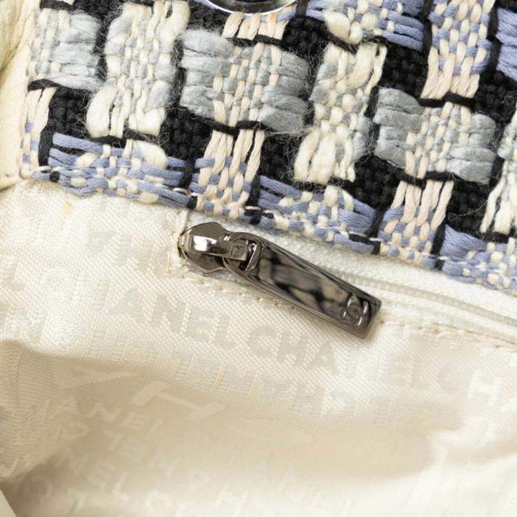 Pre Owned Chanel Single Flap Blue Tweed Calfskin Woven Shoulder Bag