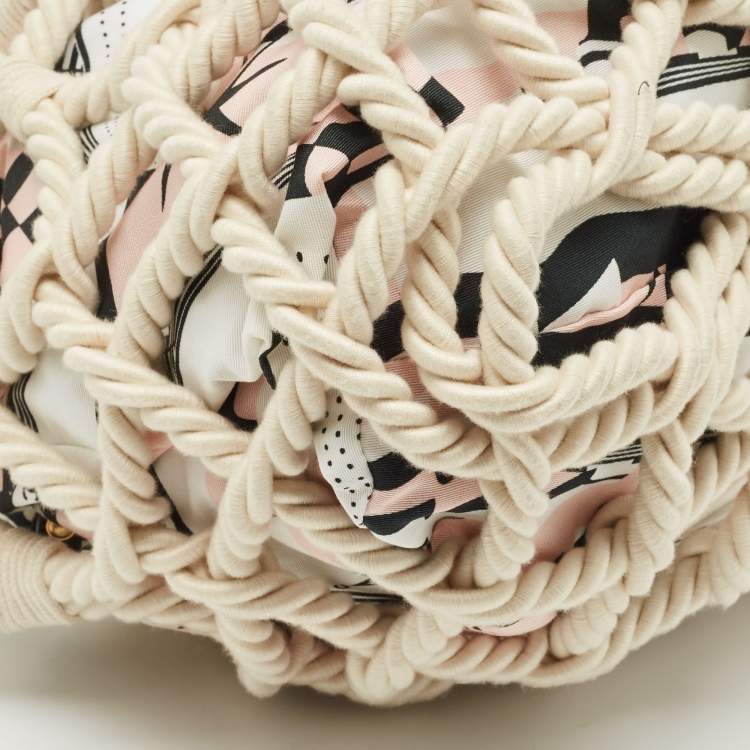 Pre Owned Chanel White/Multicolor Printed Fabric and Rope Shopper Tote