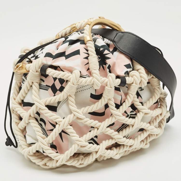Pre Owned Chanel White/Multicolor Printed Fabric and Rope Shopper Tote