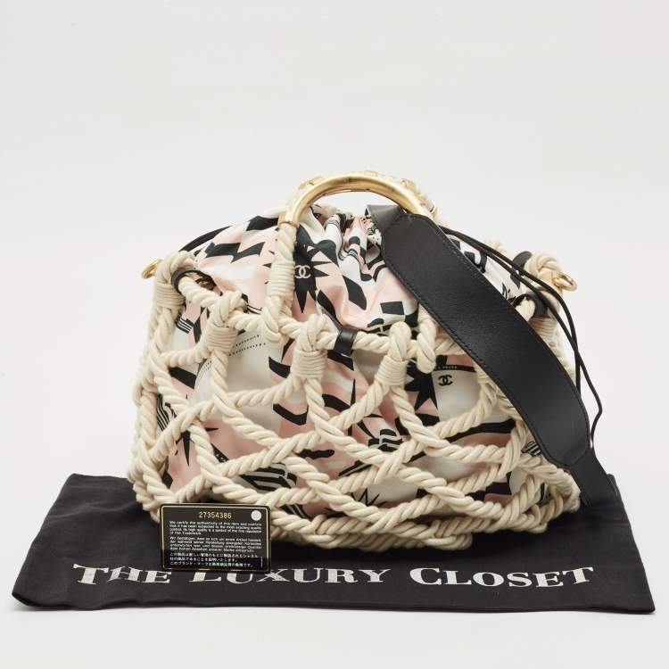 Pre Owned Chanel White/Multicolor Printed Fabric and Rope Shopper Tote