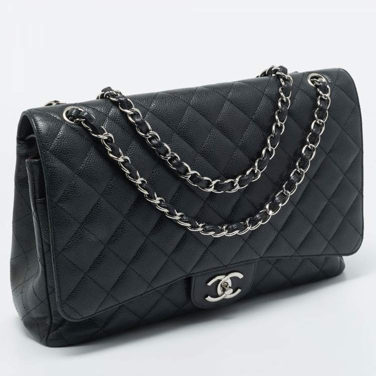 Pre Owned Chanel Black Quilted Caviar Leather Maxi Classic Double Flap Bag