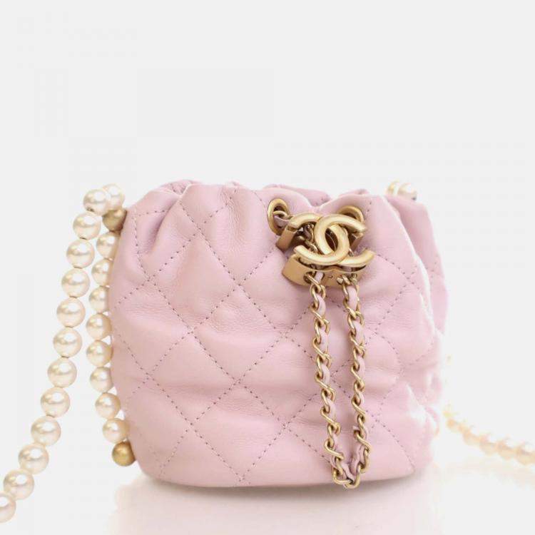 Pre Owned Chanel About Pearls Mini Pink Lambskin Drawstring Bucket Bag