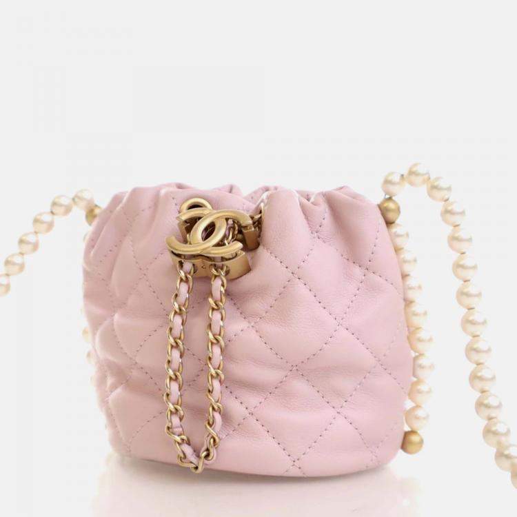 Pre Owned Chanel About Pearls Mini Pink Lambskin Drawstring Bucket Bag