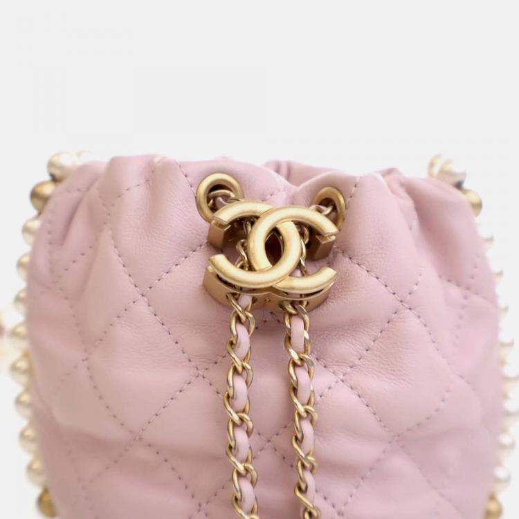 Pre Owned Chanel About Pearls Mini Pink Lambskin Drawstring Bucket Bag