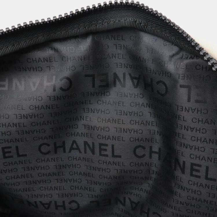 Pre Owned Chanel Sport Line Coco Mark Beige Black Nylon Canvas Boston Bag 