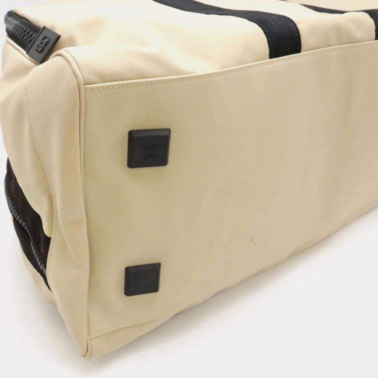 Pre Owned Chanel Sport Line Coco Mark Beige Black Nylon Canvas Boston Bag 