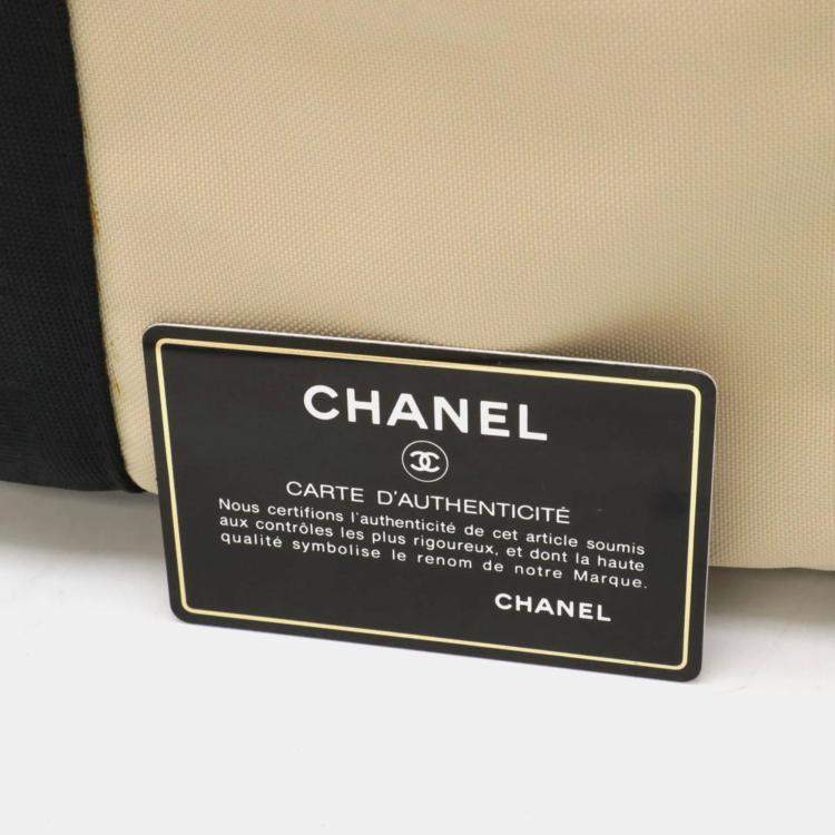 Pre Owned Chanel Sport Line Coco Mark Beige Black Nylon Canvas Boston Bag 