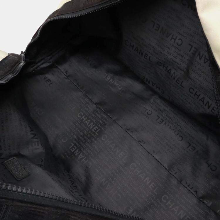 Pre Owned Chanel Sport Line Coco Mark Beige Black Nylon Canvas Boston Bag 