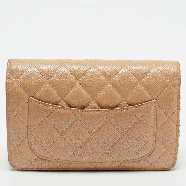 Pre Owned Chanel Beige Quilted Caviar Leather CC Wallet On Chain
