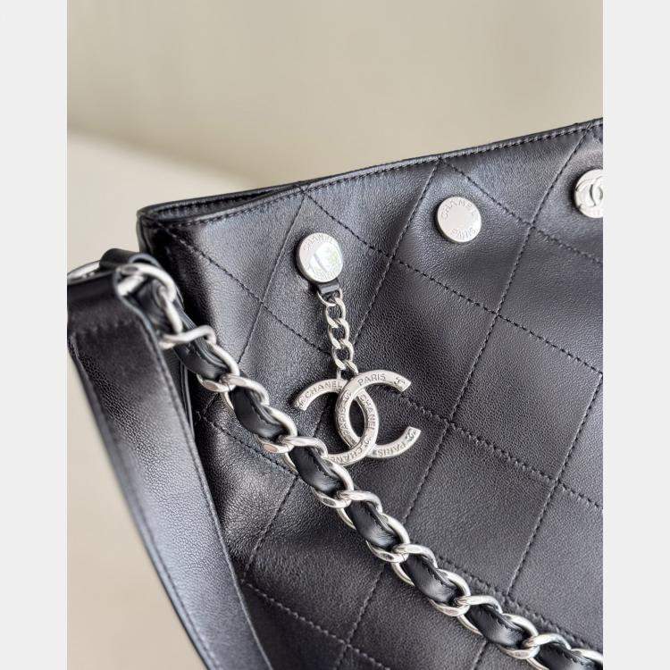 Pre Owned Chanel Hobo Studded Small Black Silver Lambskin Bucket Bag