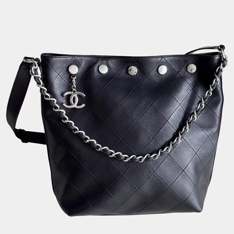Pre Owned Chanel Hobo Studded Small Black Silver Lambskin Bucket Bag