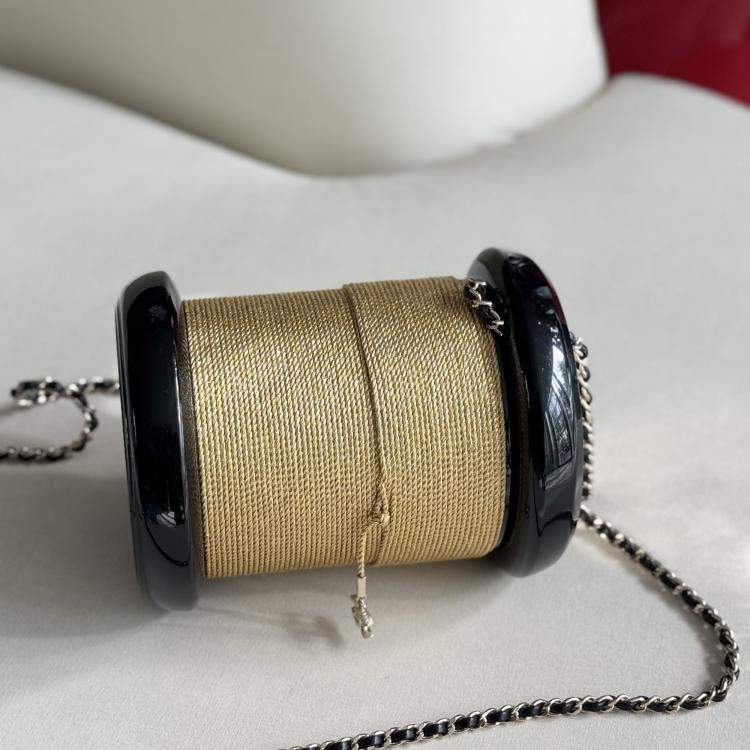 Pre Owned Chanel Plexiglass Bobbin Minaudiere Black and Gold Spool Clutch Bag