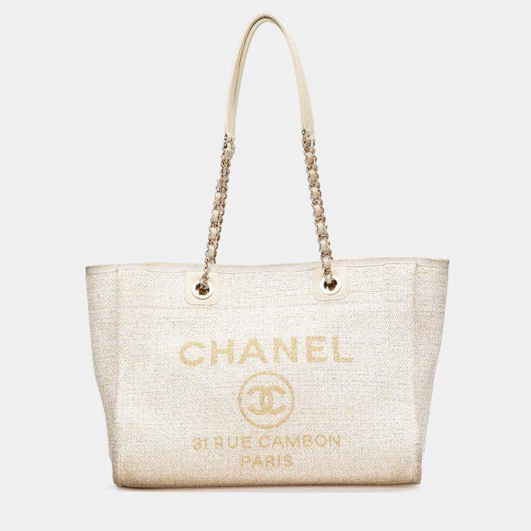 Pre Owned Chanel Cream Small Lurex Boucle Deauville Tote