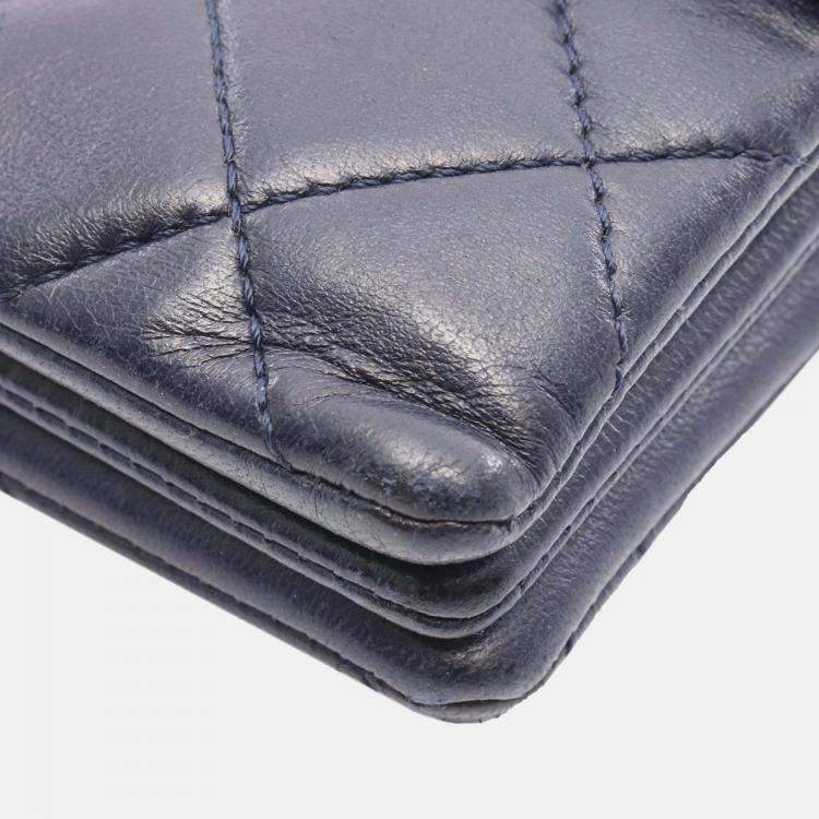 Pre Owned Chanel Navy Blue CC Quilted Lambskin Pushlock Single Flap