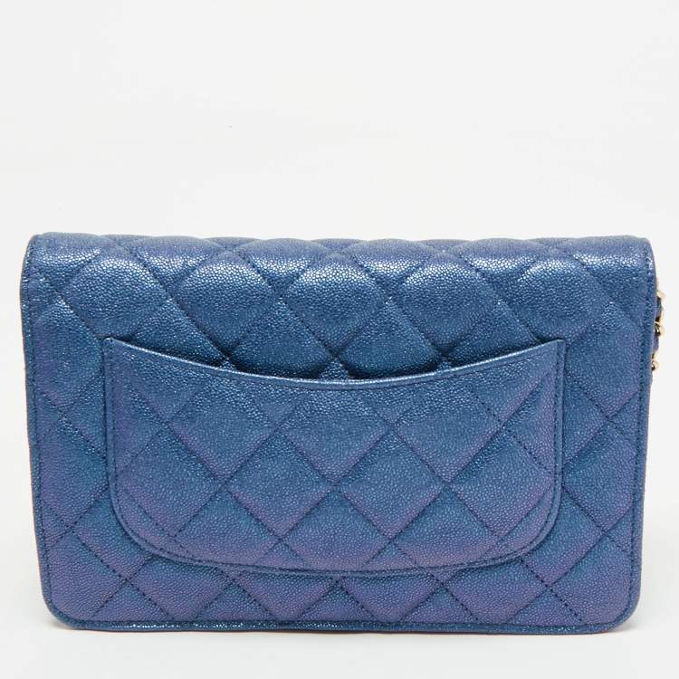 Pre Owned Chanel Metallic Blue Quilted Caviar Leather CC Wallet On Chain