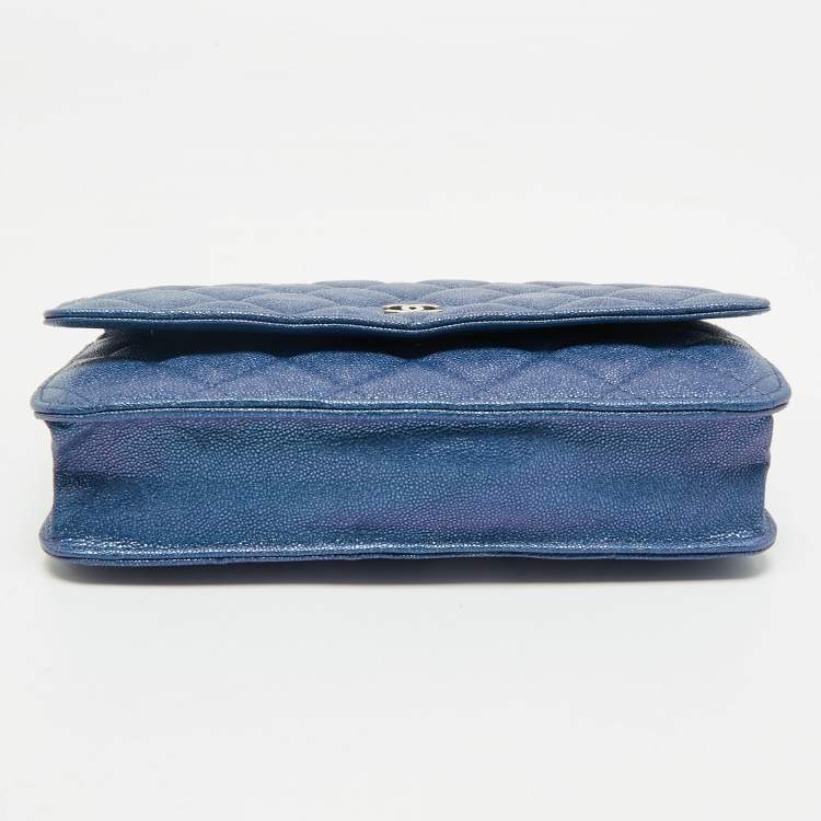 Pre Owned Chanel Metallic Blue Quilted Caviar Leather CC Wallet On Chain