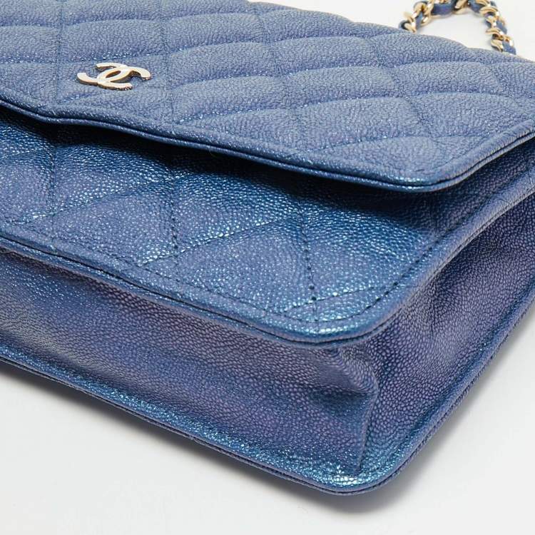 Pre Owned Chanel Metallic Blue Quilted Caviar Leather CC Wallet On Chain