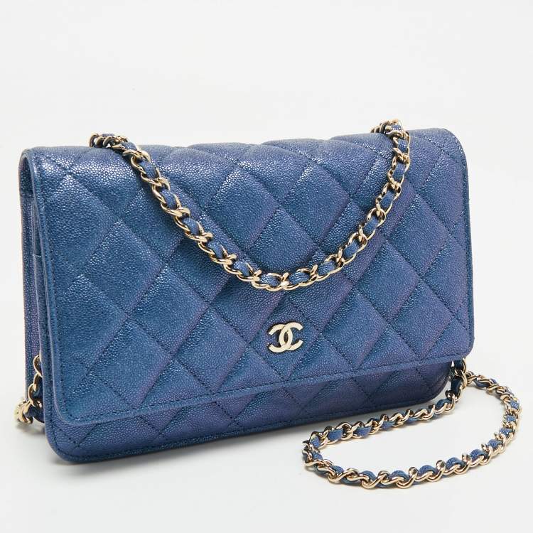 Pre Owned Chanel Metallic Blue Quilted Caviar Leather CC Wallet On Chain