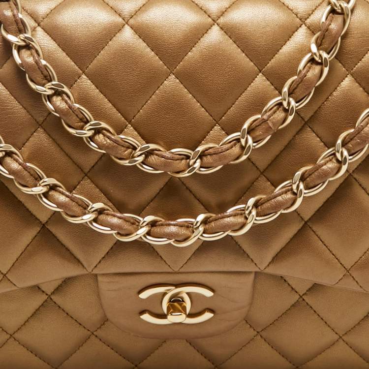 Pre Owned Chanel Gold Quilted Leather Jumbo Classic Double Flap Bag
