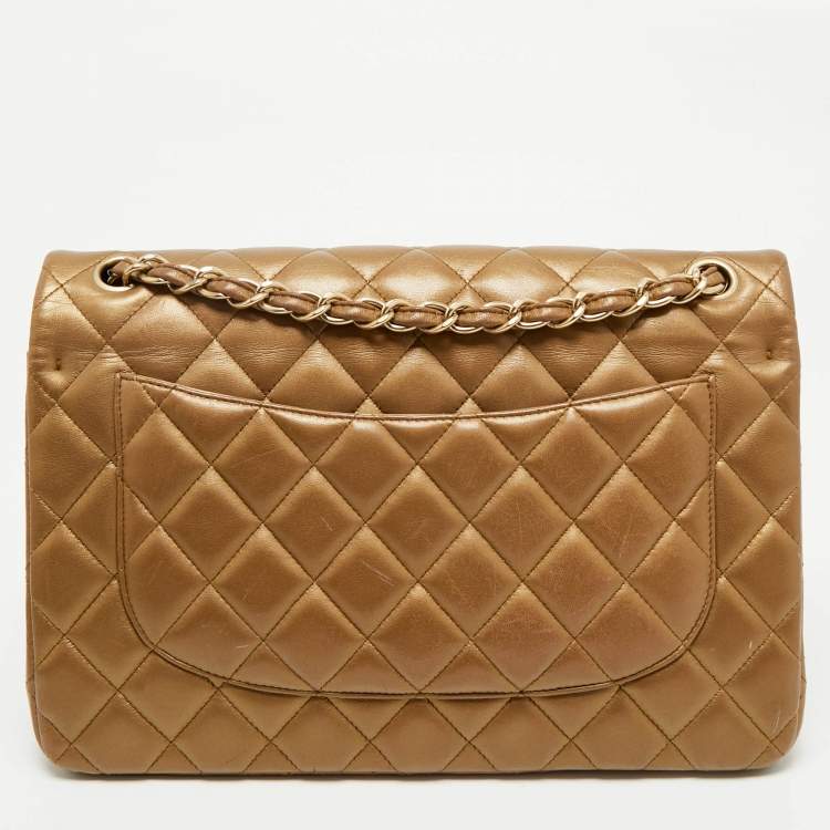 Pre Owned Chanel Gold Quilted Leather Jumbo Classic Double Flap Bag