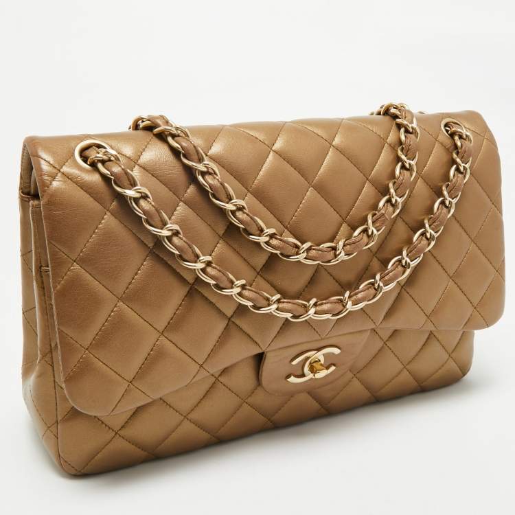 Pre Owned Chanel Gold Quilted Leather Jumbo Classic Double Flap Bag