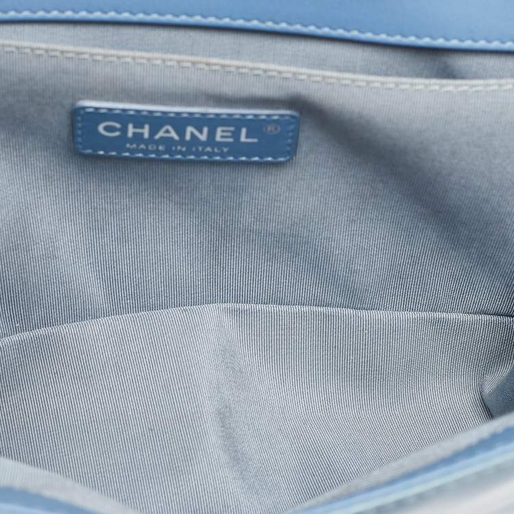 Pre Owned Chanel Light Blue Patent and Leather Medium Classic Boy Flap Bag