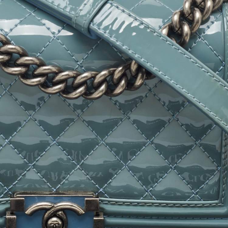 Pre Owned Chanel Light Blue Patent and Leather Medium Classic Boy Flap Bag
