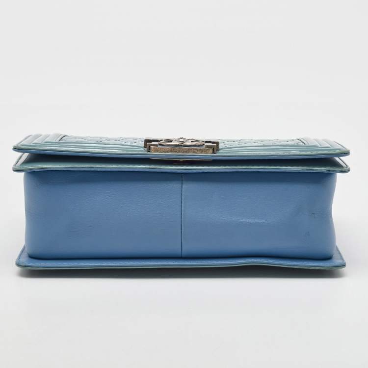 Pre Owned Chanel Light Blue Patent and Leather Medium Classic Boy Flap Bag