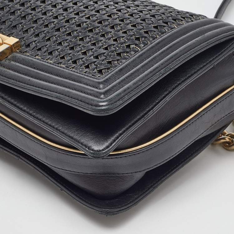 Pre Owned Chanel Black Woven Leather New Medium Classic Reverso Boy Flap Bag