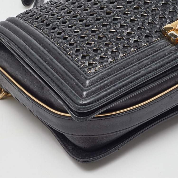 Pre Owned Chanel Black Woven Leather New Medium Classic Reverso Boy Flap Bag