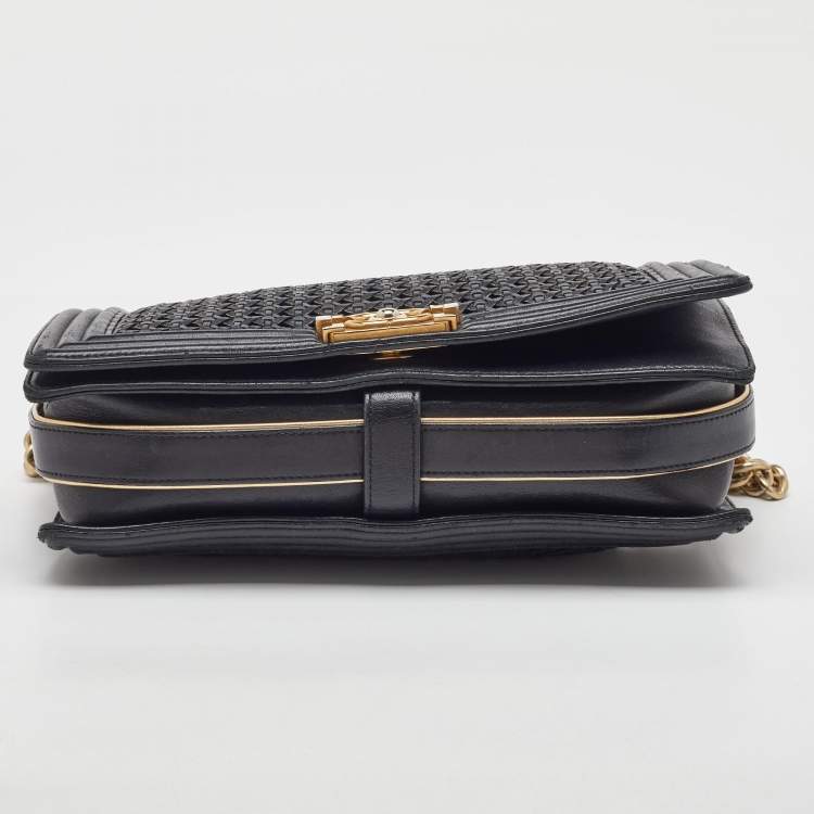 Pre Owned Chanel Black Woven Leather New Medium Classic Reverso Boy Flap Bag