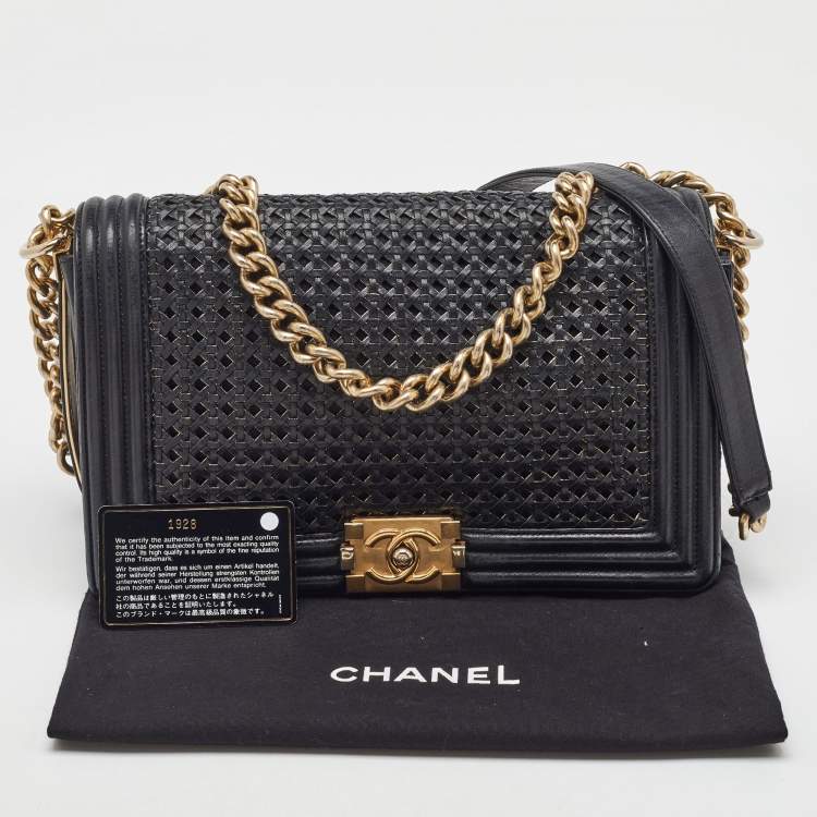 Pre Owned Chanel Black Woven Leather New Medium Classic Reverso Boy Flap Bag